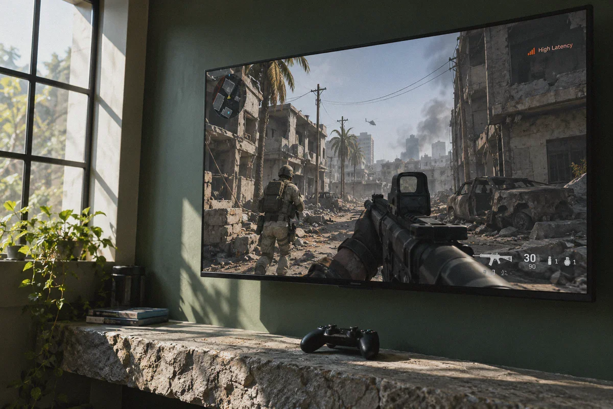 An in-game high latency warning on a console display.