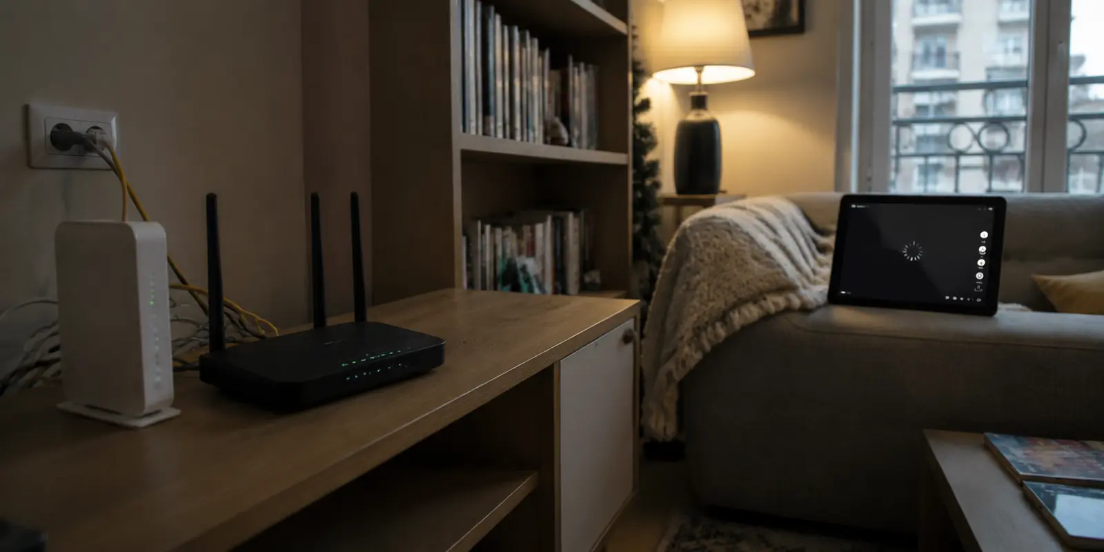 Une tablette affiche une vidéo bloquée en chargement à côté du routeur d’un appartement