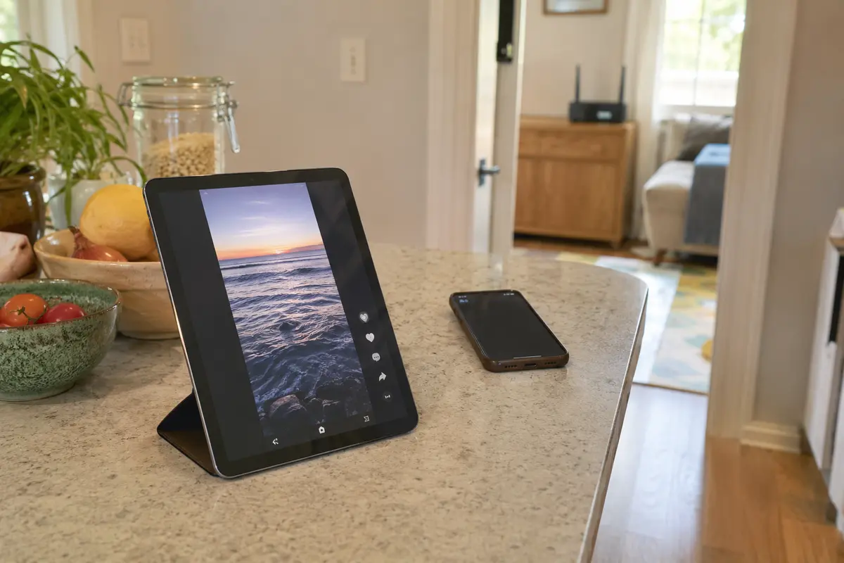 Une tablette charge une vidéo dans une cuisine grâce au partage de connexion mobile