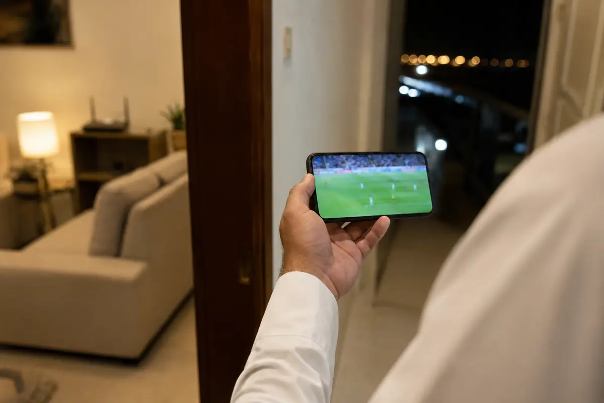 مشاهد يتابع المباراة على هاتفه بعد انتقال الاتصال من Wi-Fi إلى بيانات الجوال