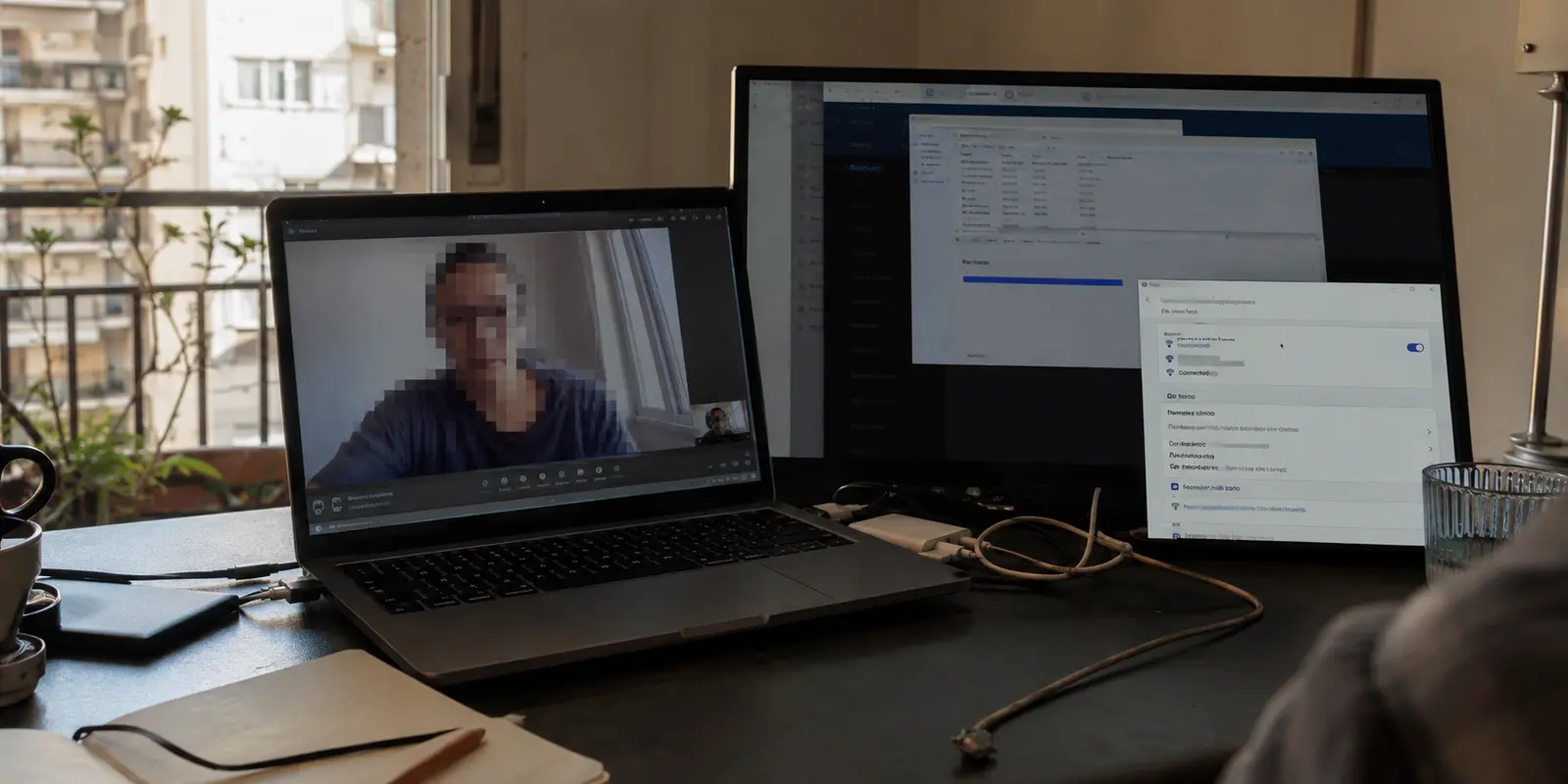 Videollamada congelada junto a un portal de trabajo, una transferencia de archivos y la configuración del VPN en un escritorio de Buenos Aires