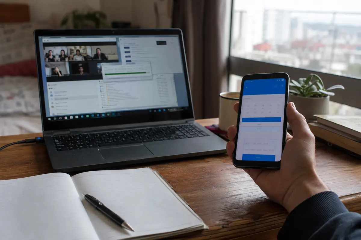 Portátil con una sesión de trabajo activa y teléfono separado para autorizar una operación bancaria mediante la conexión móvil argentina