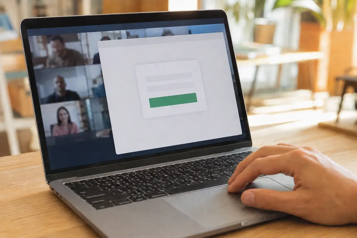 Una autenticación del navegador aparece delante de una videollamada abierta en el portátil de un coworking