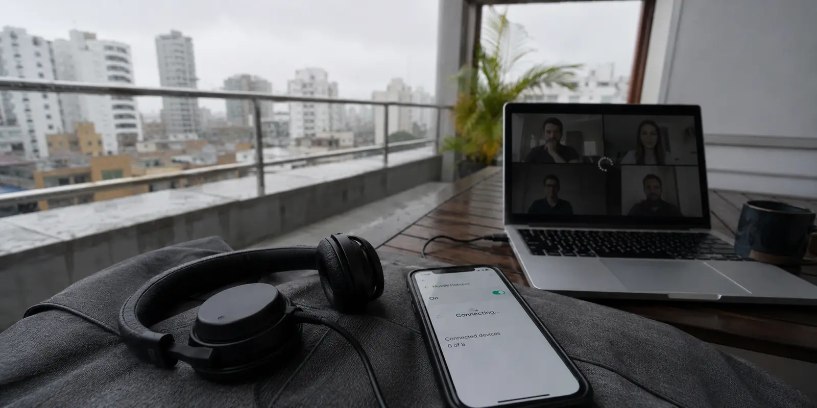 Auriculares y un teléfono reconectando el hotspot en una terraza cubierta de Lima, con una videollamada abierta al fondo
