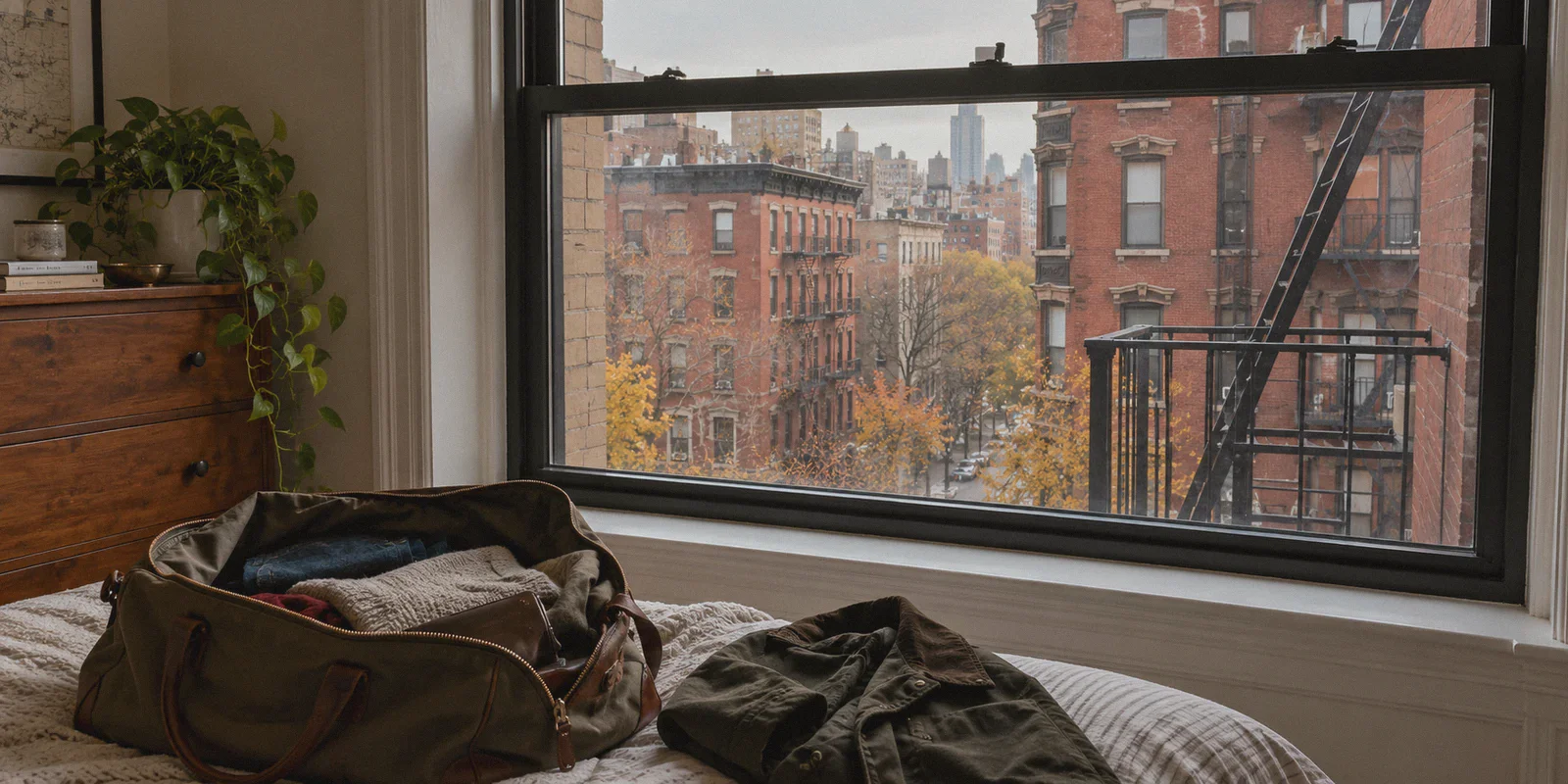 A temporary city apartment overlooking American brick buildings and fire escapes.