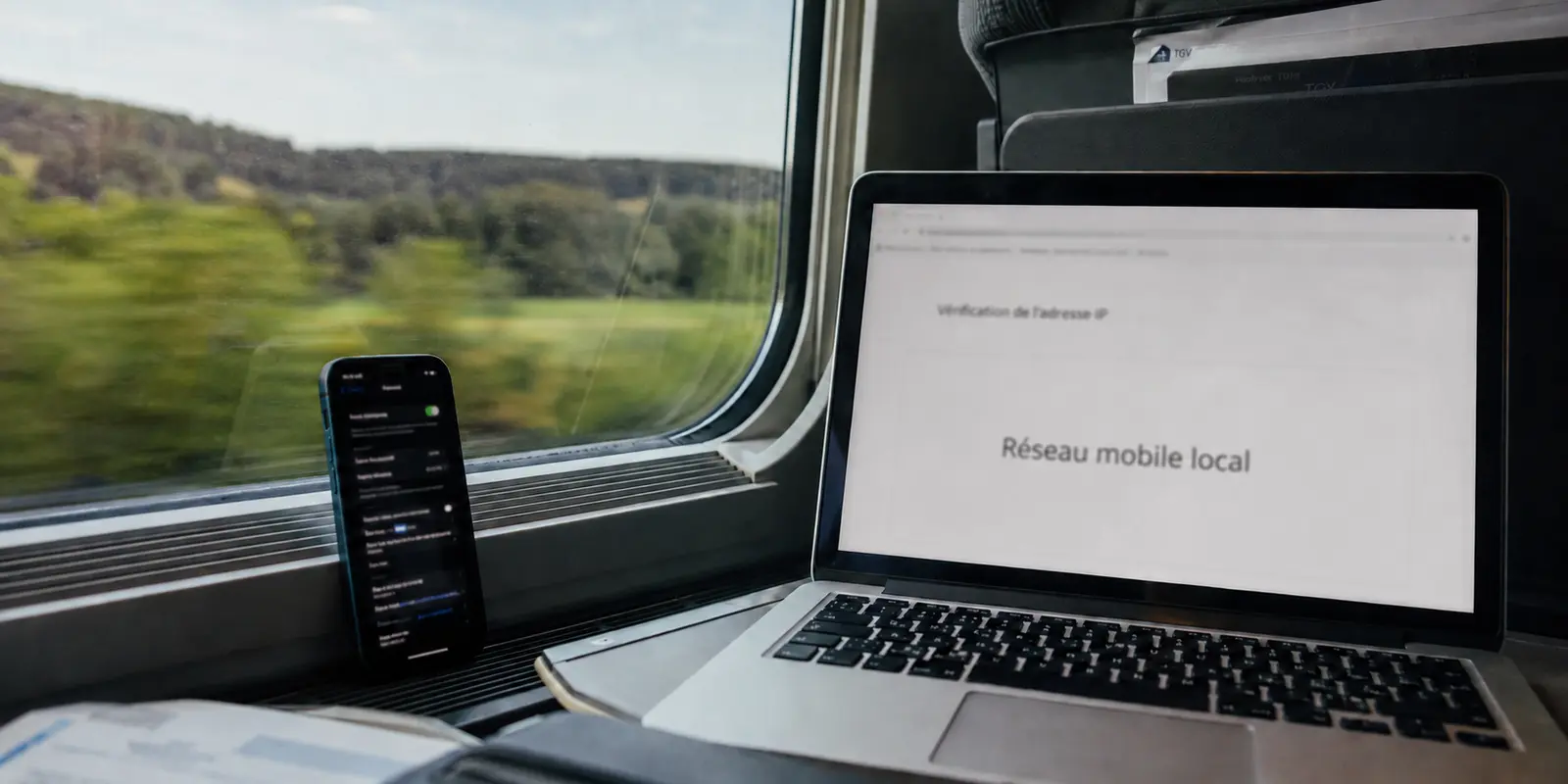 Téléphone partageant sa connexion avec un ordinateur dans un train, avec une adresse de sortie locale