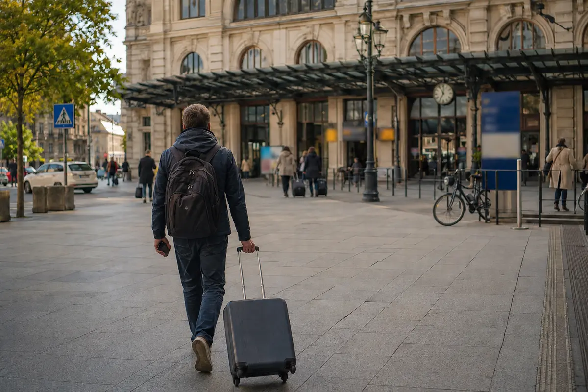 Un voyageur rejoint une gare à pied avec son téléphone et une valise