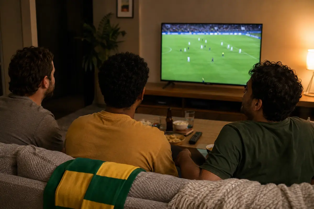Três amigos acompanham uma partida de futebol que está a ser transmitida normalmente na televisão