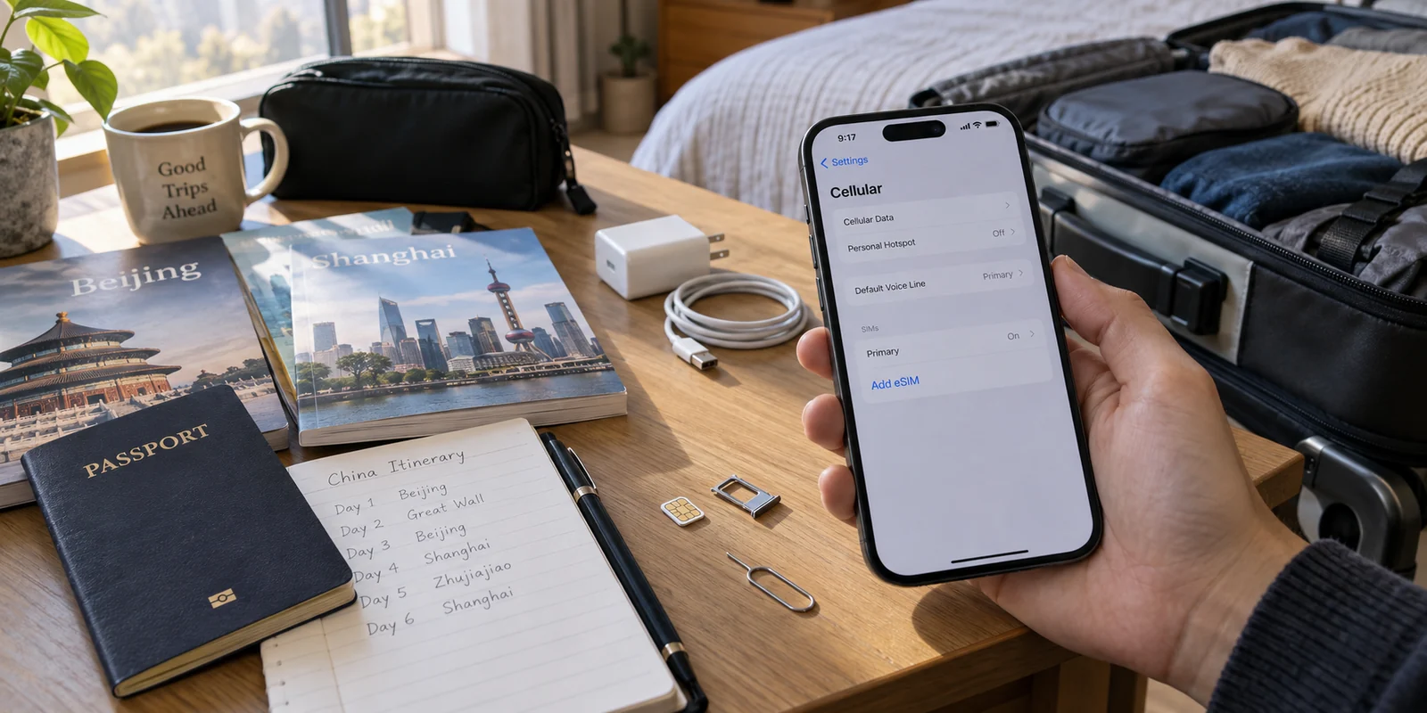 A traveler packing for China while comparing an Add eSIM screen with a physical nano-SIM.