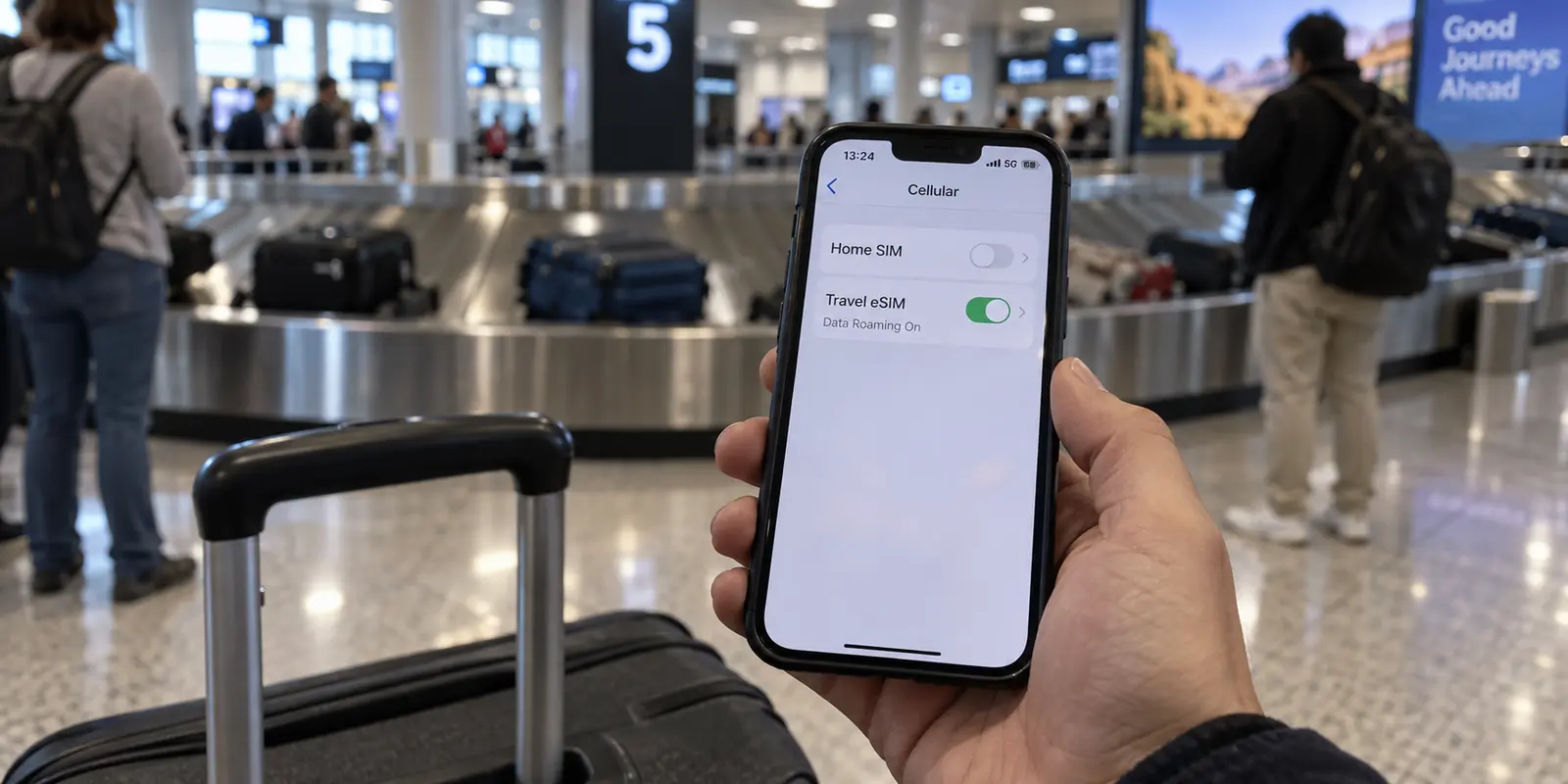 A traveler checking which SIM carries mobile data after landing