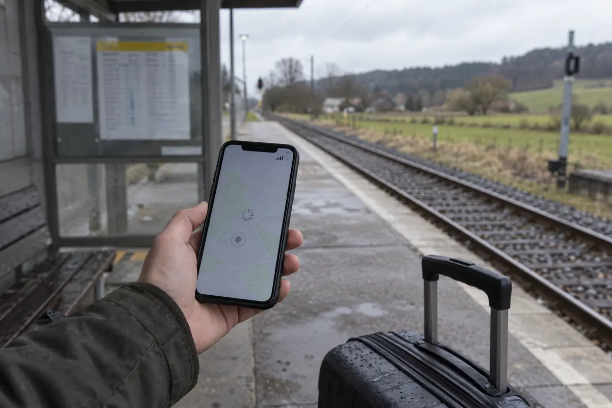A map failing to load on a phone with weak signal at a rural railway platform