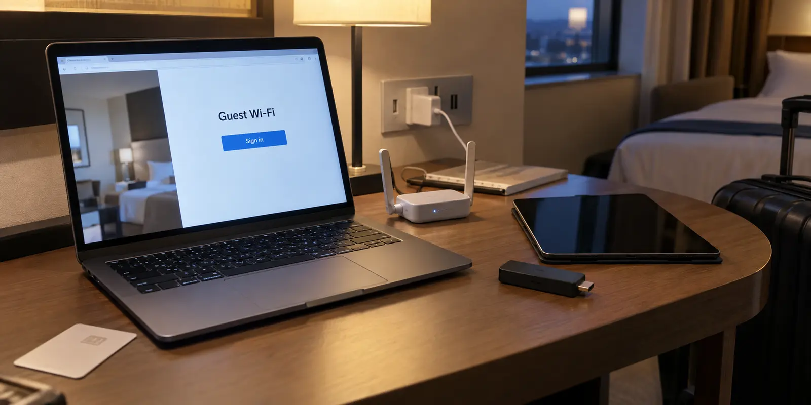 A hotel captive portal open beside a travel router and devices that are still offline