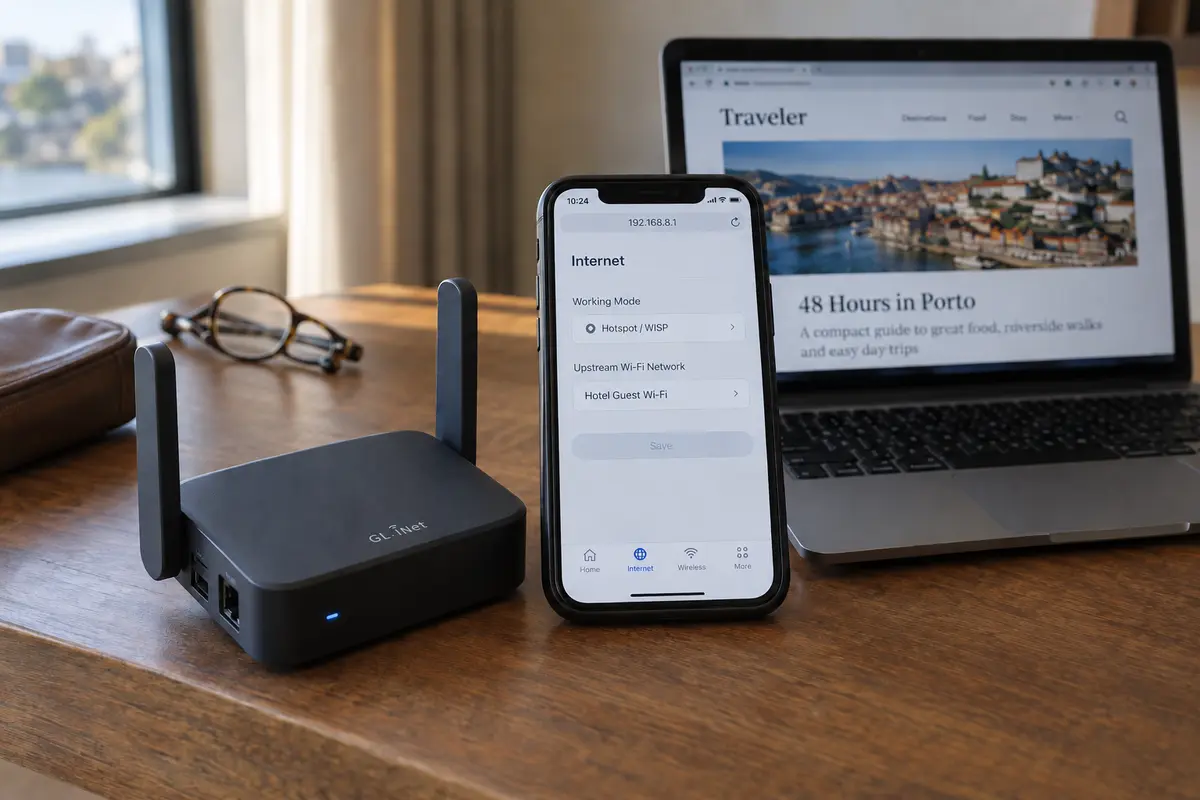 A travel router configured in Hotspot WISP mode with hotel guest Wi-Fi upstream
