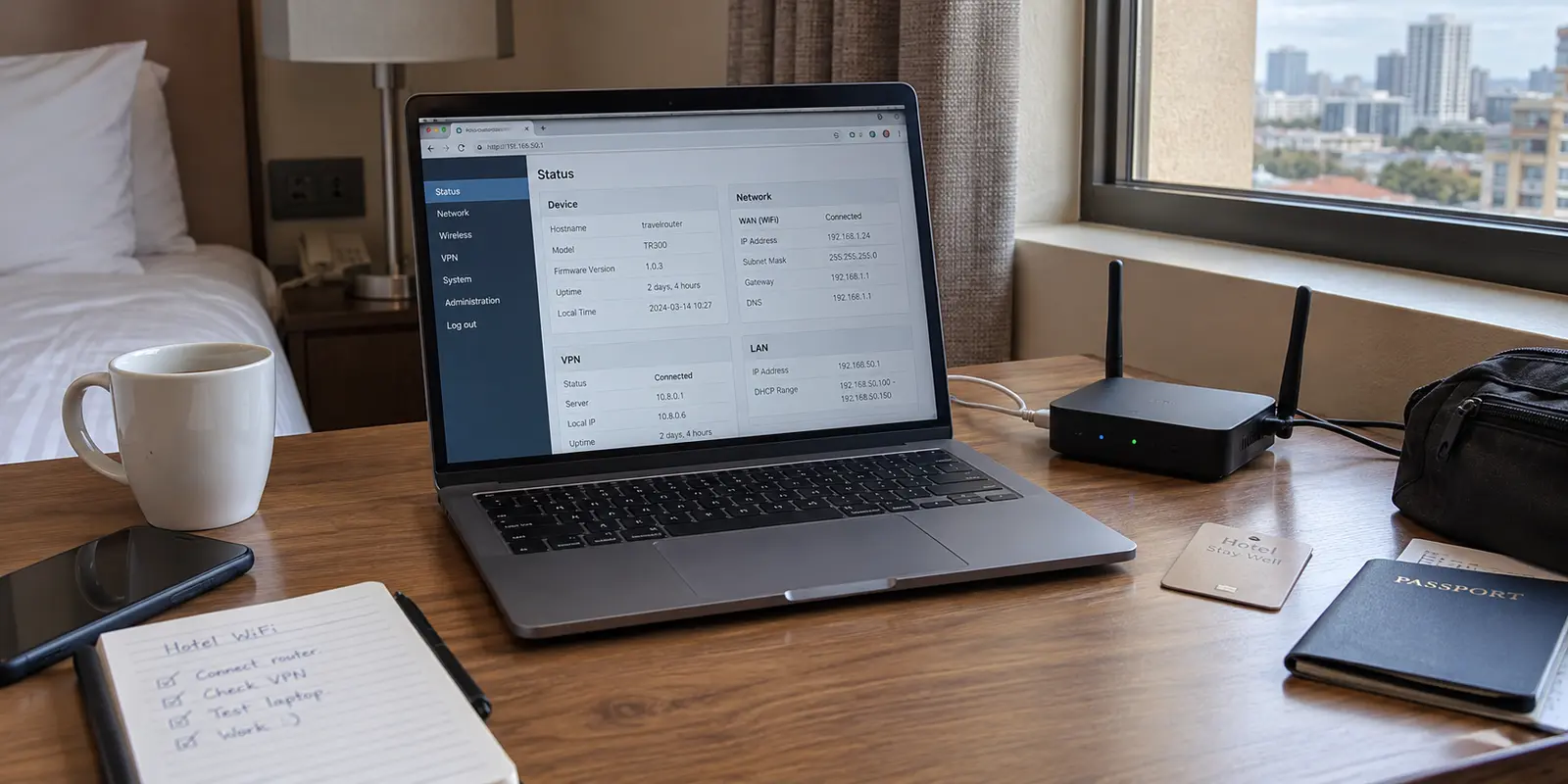 Laptop showing a travel-router status page beside a compact router on a hotel desk