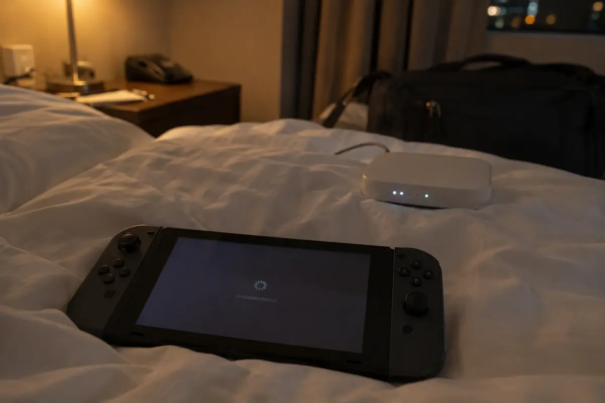Handheld game console waiting for an online connection beside a travel router in a hotel room