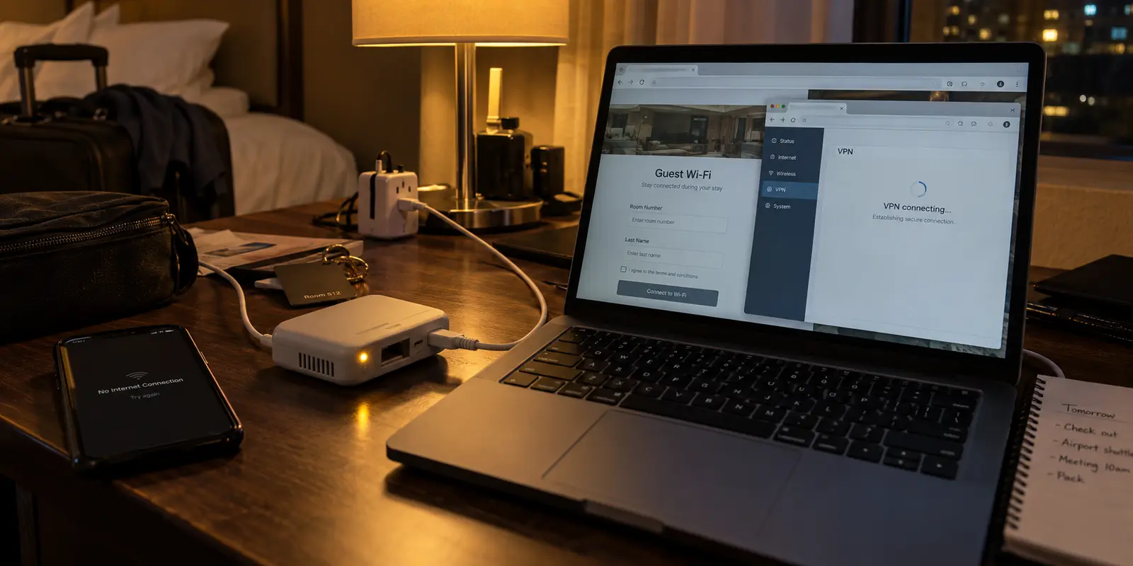 Travel router stalled between a hotel captive portal and a connecting VPN