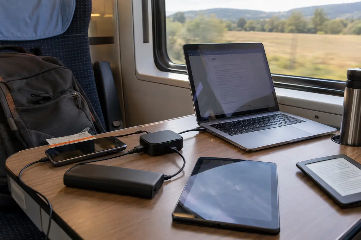 Compact travel router sharing one connection among several devices on a moving train