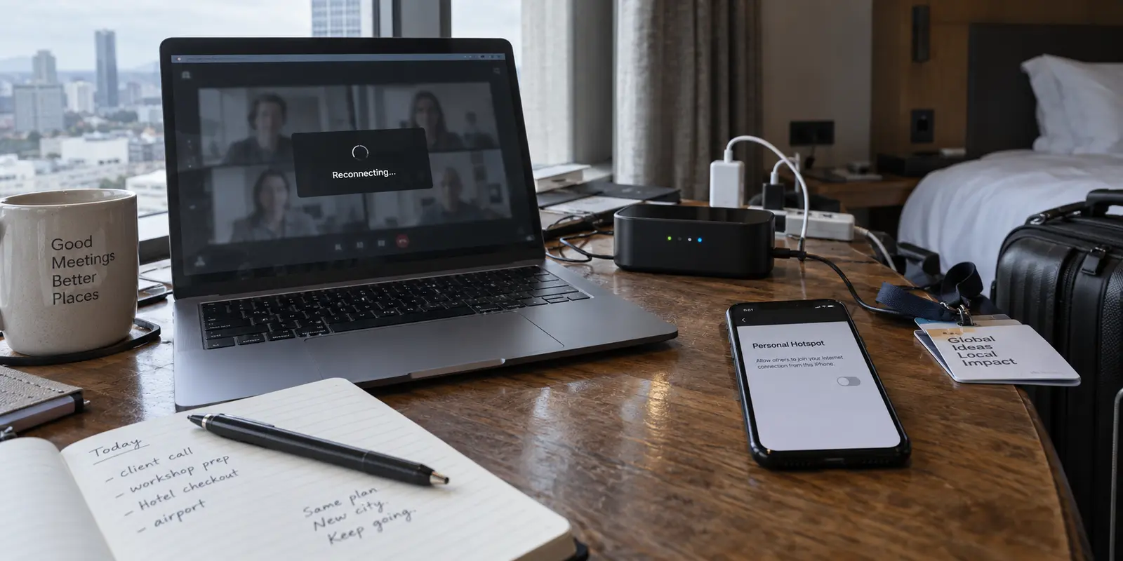 A hotel video call reconnecting beside a powered travel router and a phone hotspot setting