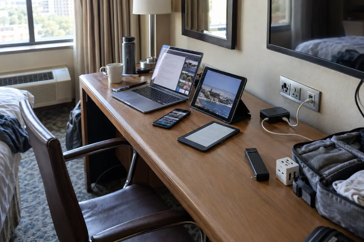 A hotel travel router connected by Ethernet and serving several work and personal devices