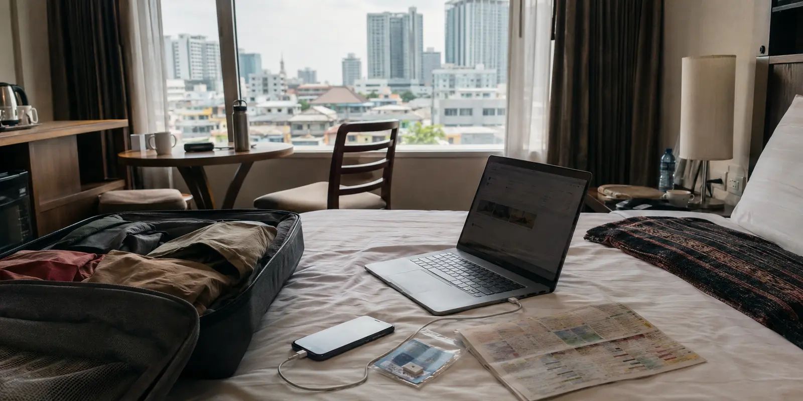 Equipaje abierto, un portátil y un teléfono preparados para un viaje de tres semanas por Tailandia