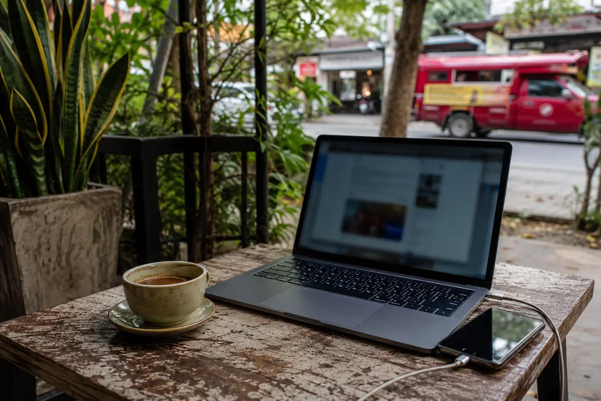 Portátil conectado al teléfono en una cafetería de Chiang Mai