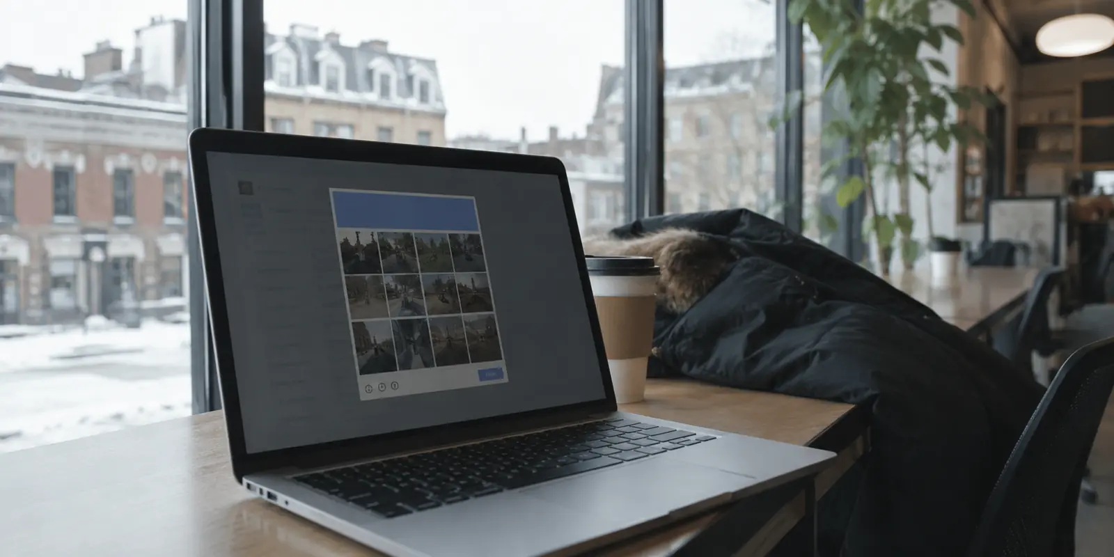 Ordinateur portable affichant un CAPTCHA dans un espace de travail montréalais enneigé
