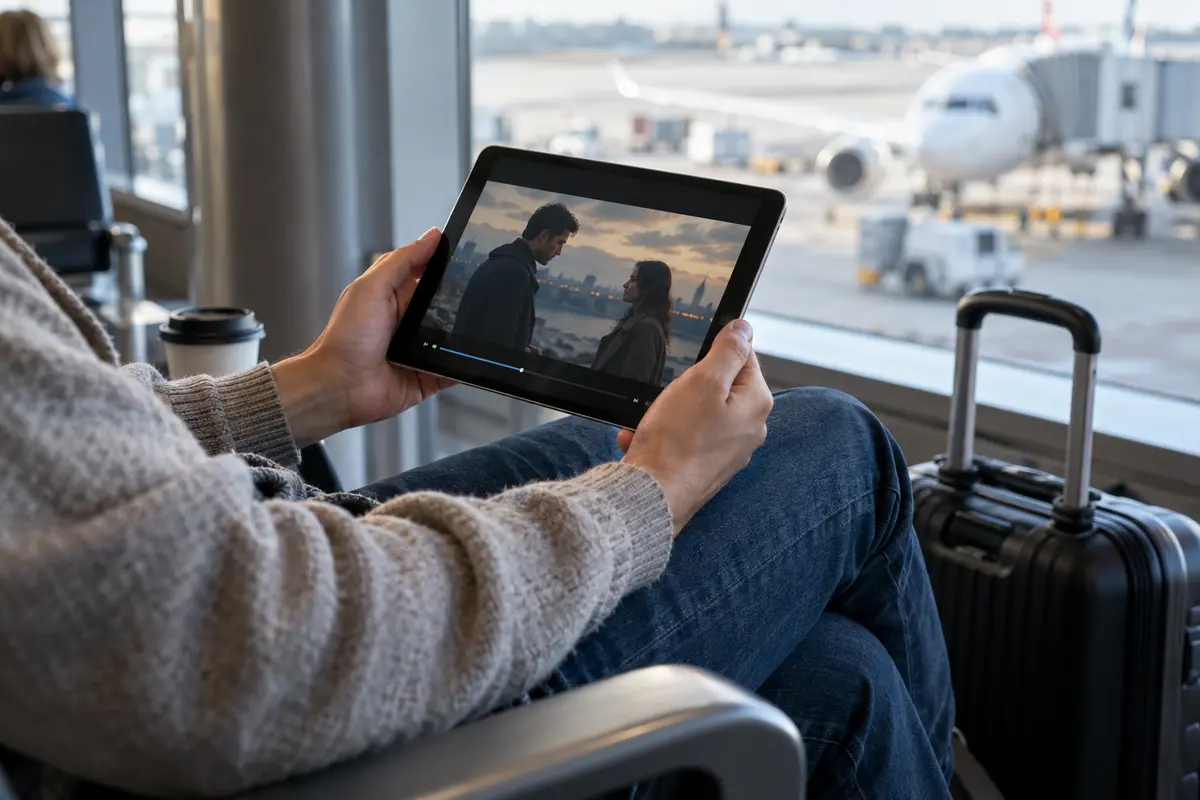 A traveler watches a downloaded Turkish series on a tablet at an airport gate