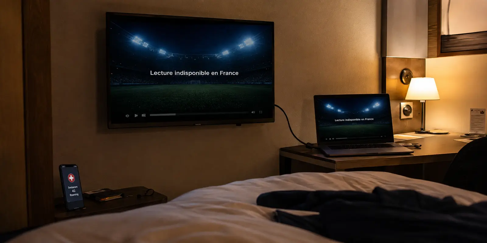 Dans une chambre d’hôtel, le direct suisse reste indisponible en France