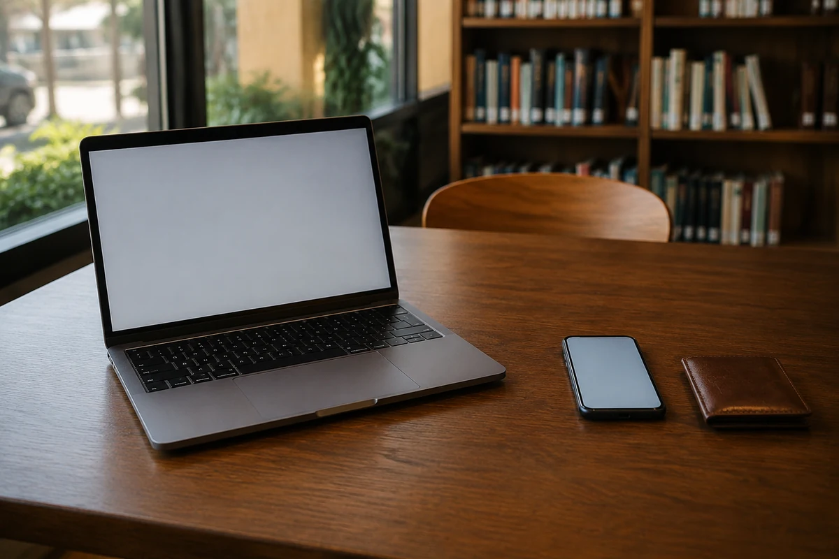Ordinateur de travail et téléphone posés séparément sur une table de bibliothèque