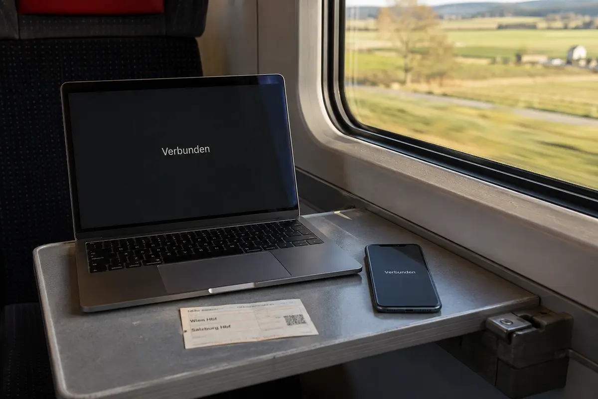 Laptop und Smartphone sind während einer Zugfahrt durch Österreich verbunden