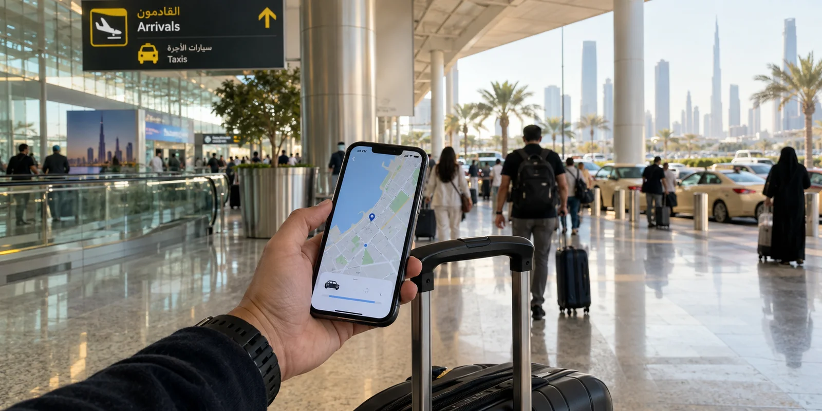 A traveler checks mobile data and a ride map after arriving at a UAE airport.
