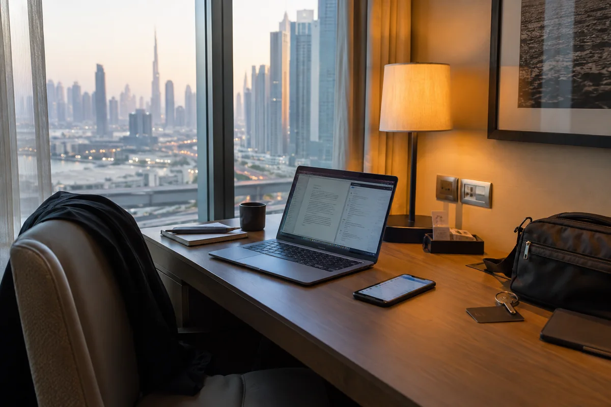 A laptop and phone share a hotel desk during a connected working trip in Dubai.