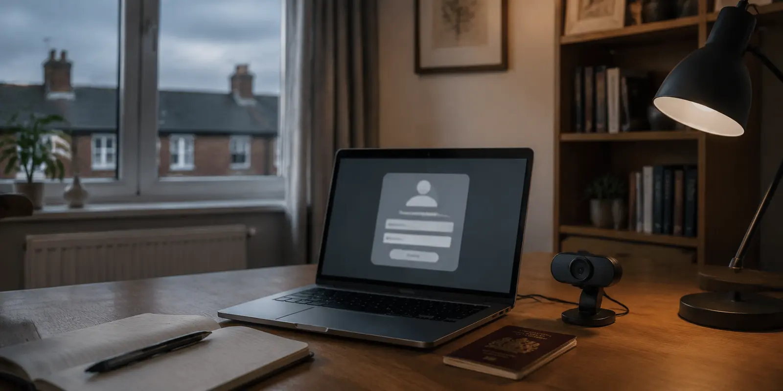 Laptop and covered webcam beside a passport in a quiet British home office