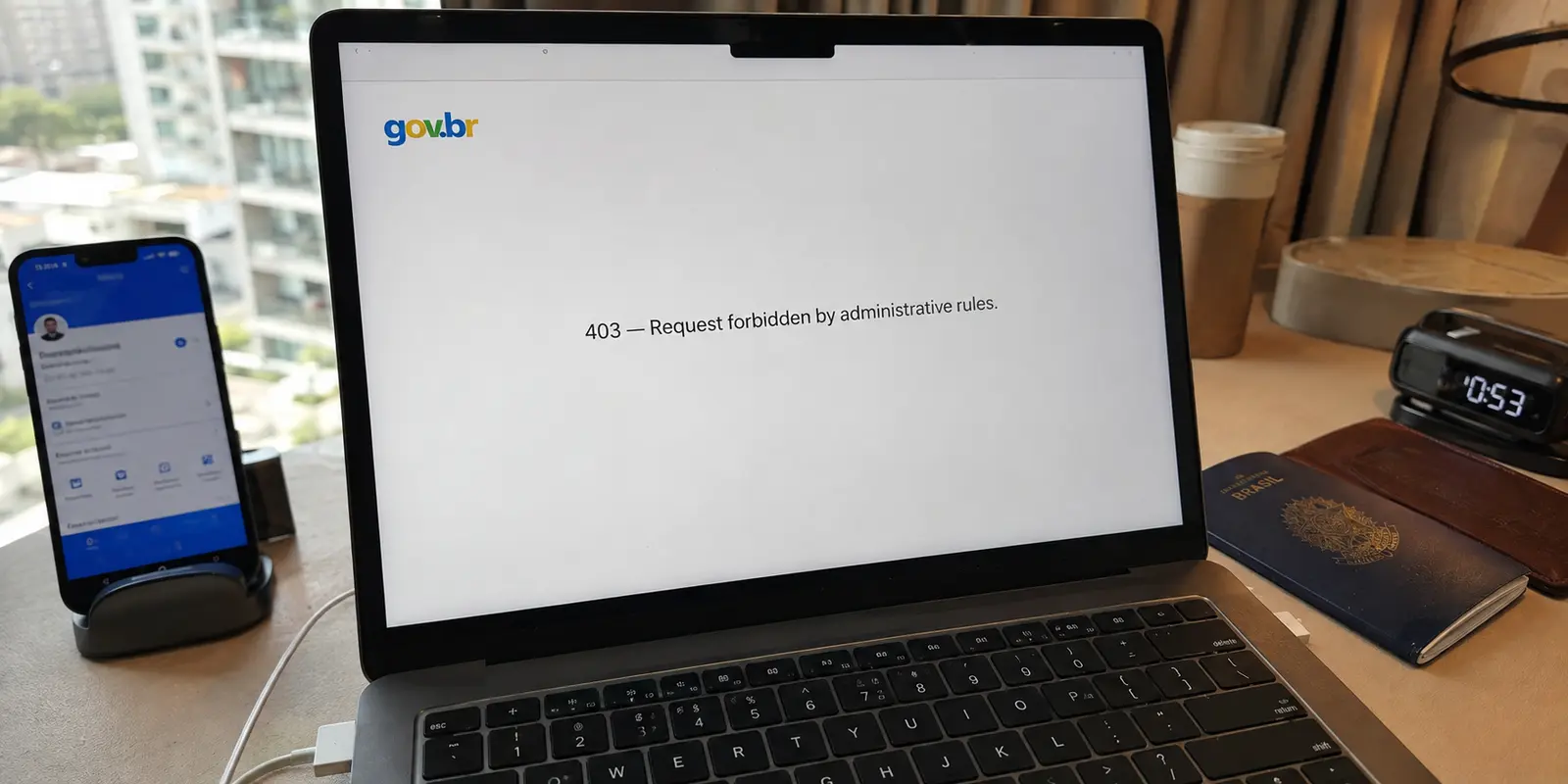 O portal gov.br exibe o erro 403 em um notebook usado fora do Brasil