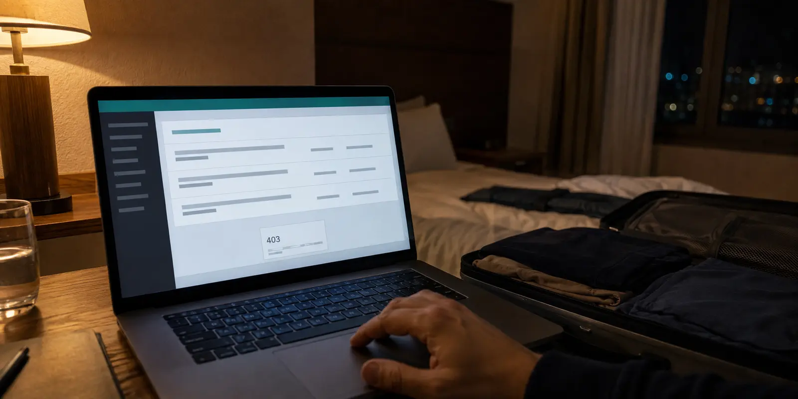 Notebook em um quarto de hotel à noite mostra o erro 403 ao tentar abrir um documento de saúde
