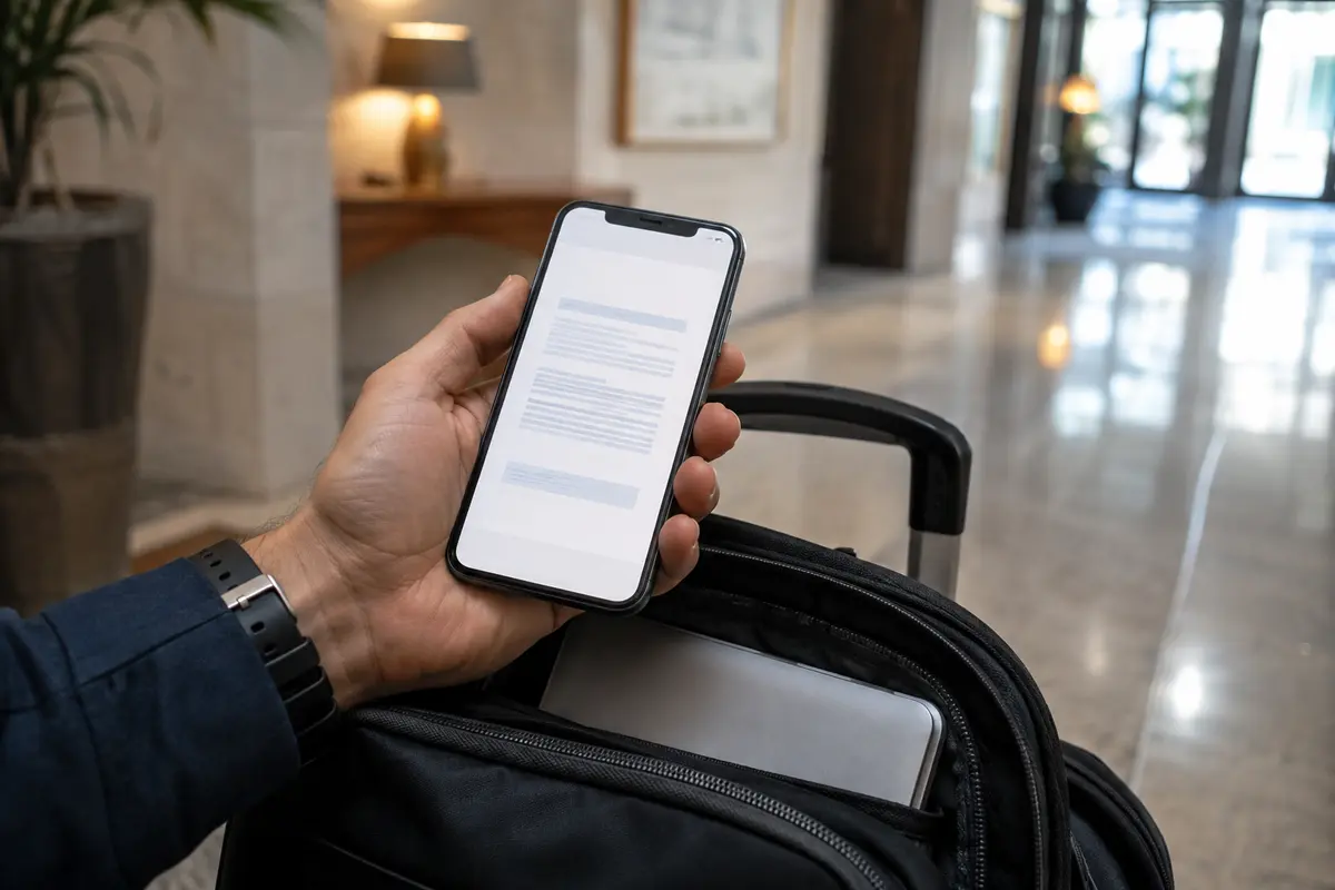 Viajante segura no saguão do hotel o celular com o documento de saúde já baixado, enquanto o notebook está guardado na bolsa