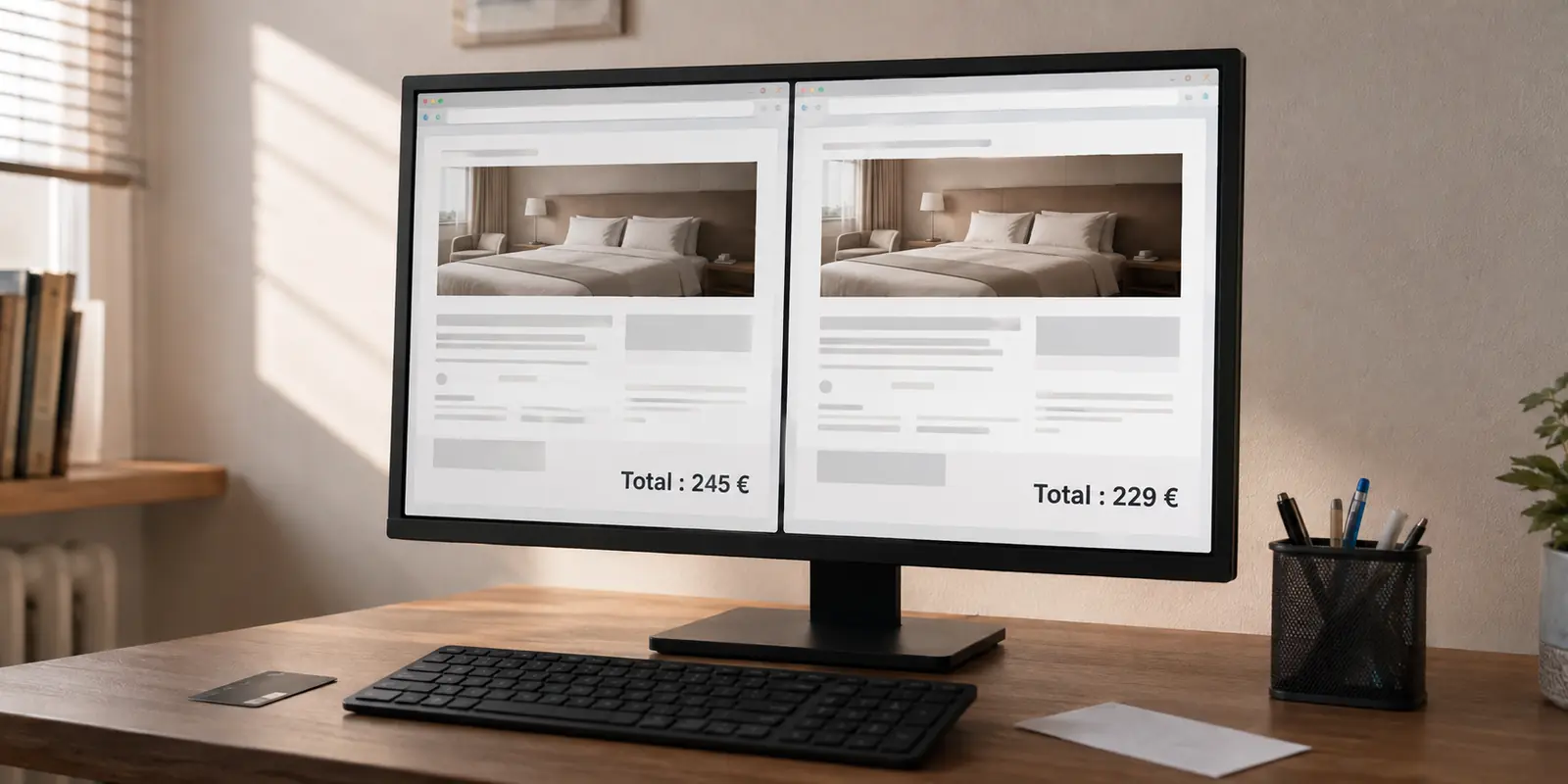 Deux fenêtres de réservation affichant la même chambre d’hôtel avec des totaux différents sur un écran d’ordinateur