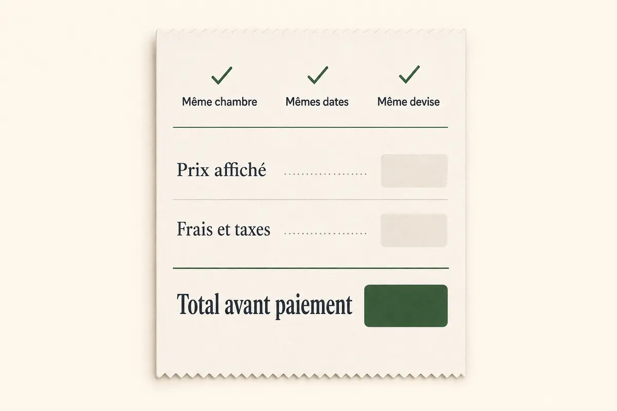 Reçu de réservation distinguant le prix affiché, les frais et taxes, puis le total avant paiement