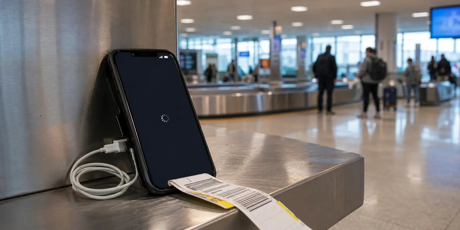 A phone stuck loading beside an airport baggage carousel after an international arrival