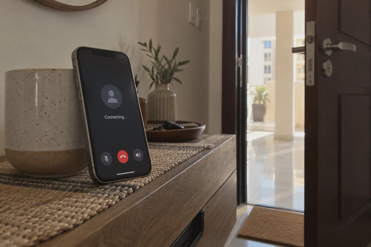 Phone with a connecting call screen near an apartment doorway.
