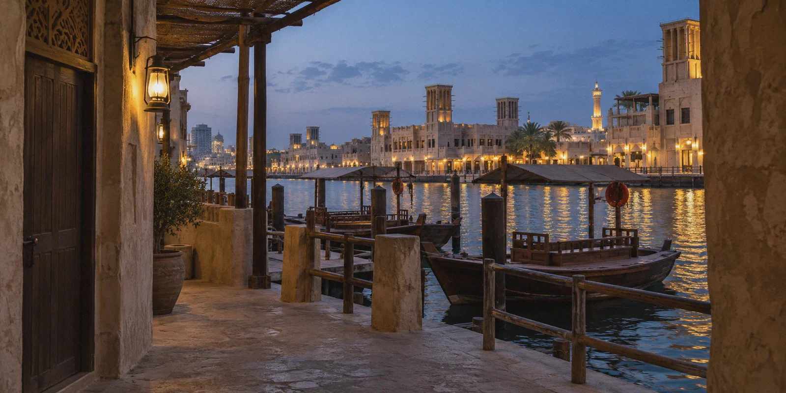 A quiet Dubai Creek waterfront at early blue hour.
