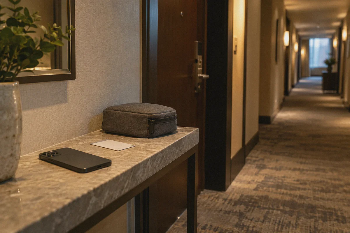 A smartphone resting screen-down on a narrow stone console beside a hotel doorway.