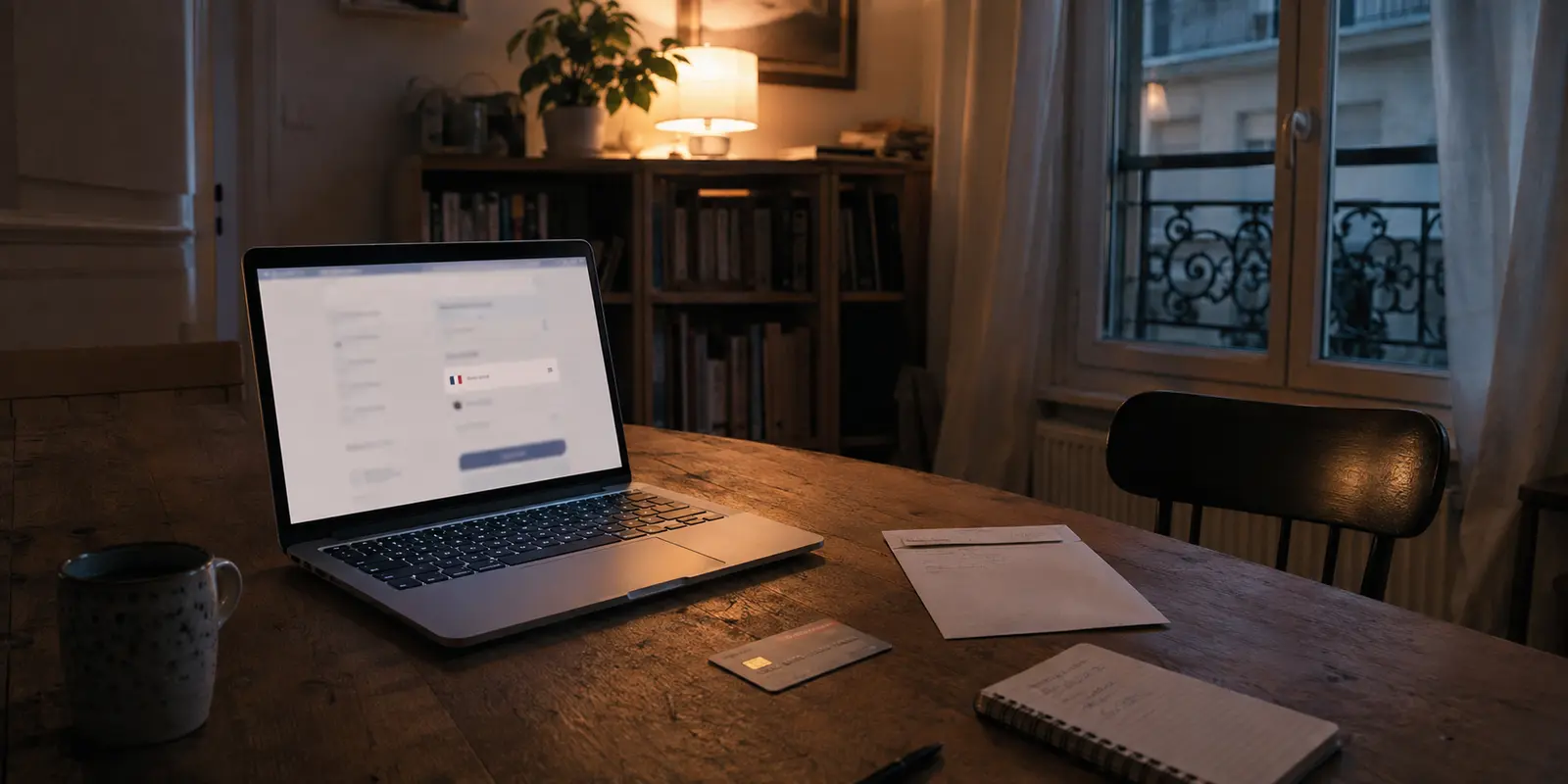 Ordinateur ouvert sur une offre d’adresse IP française dédiée, carte bancaire encore posée sur la table d’un appartement