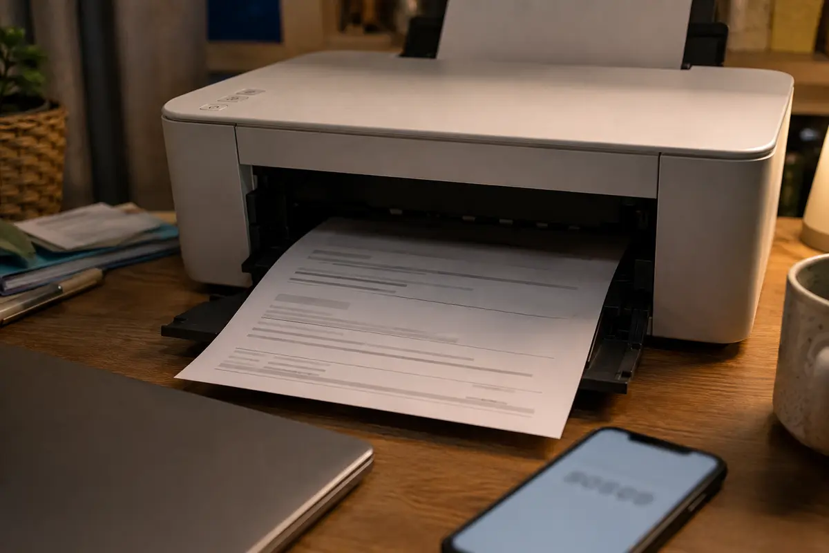 Document administratif générique fraîchement imprimé dans un appartement, avec ordinateur fermé et téléphone flouté à proximité