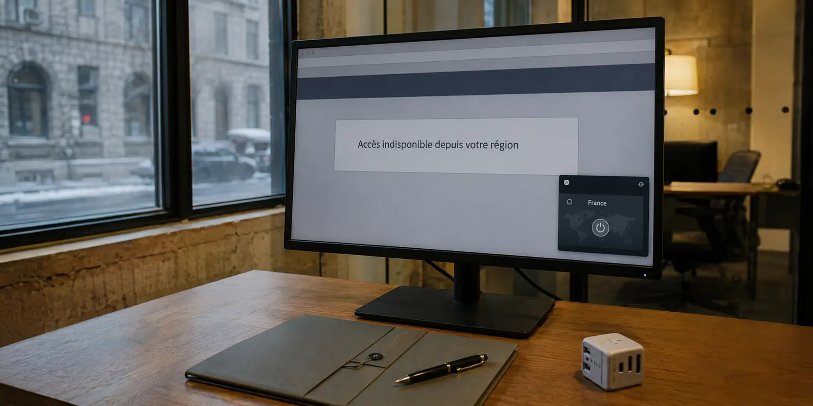 Écran de travail à Montréal affichant un accès régional indisponible malgré une connexion VPN réglée sur la France