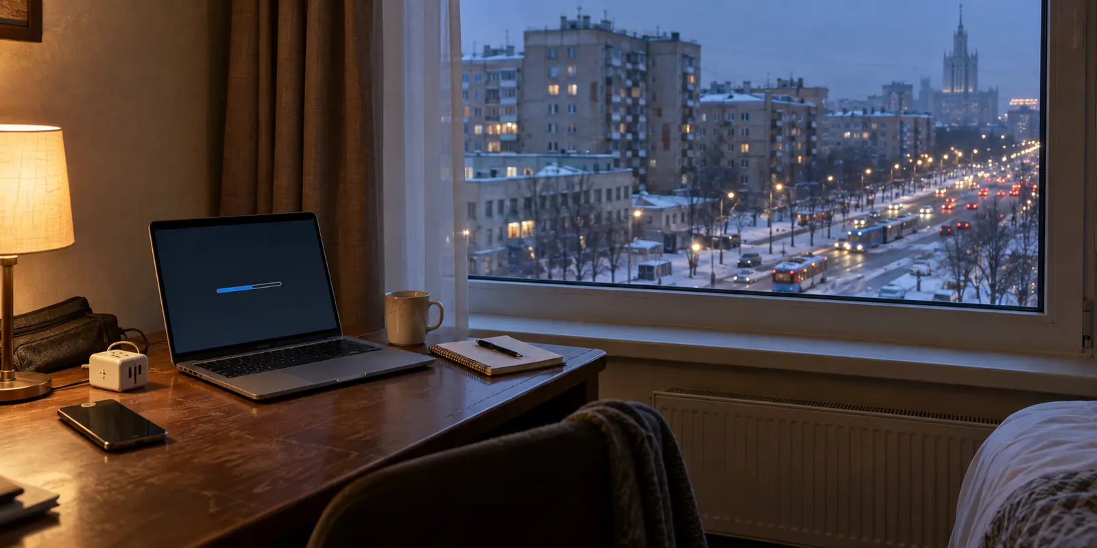 A laptop update runs in a Moscow hotel room overlooking a snowy avenue