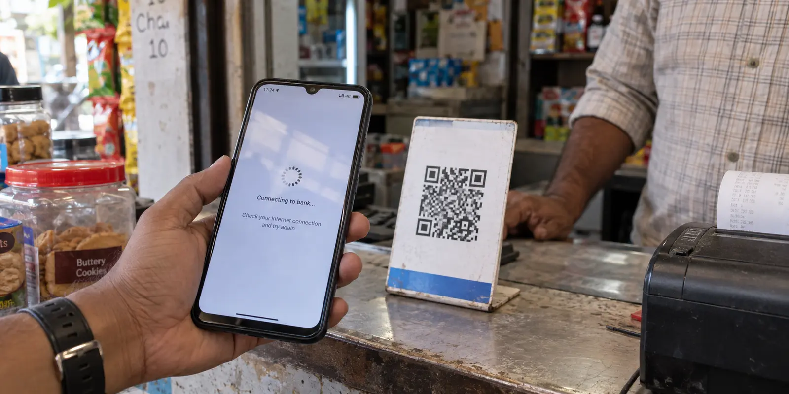 A UPI payment stalls on a phone at a shop counter after scanning the merchant QR code