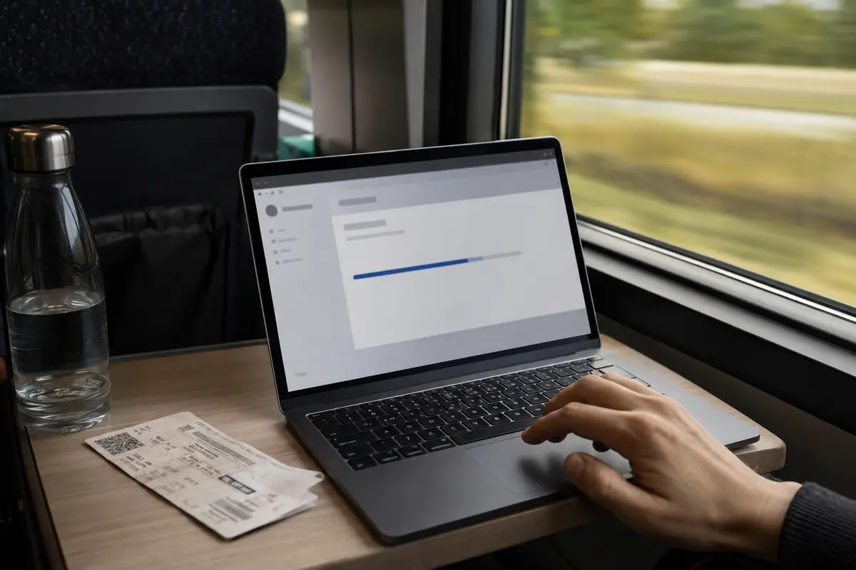 Datei-Upload auf einem Laptop während einer Zugfahrt