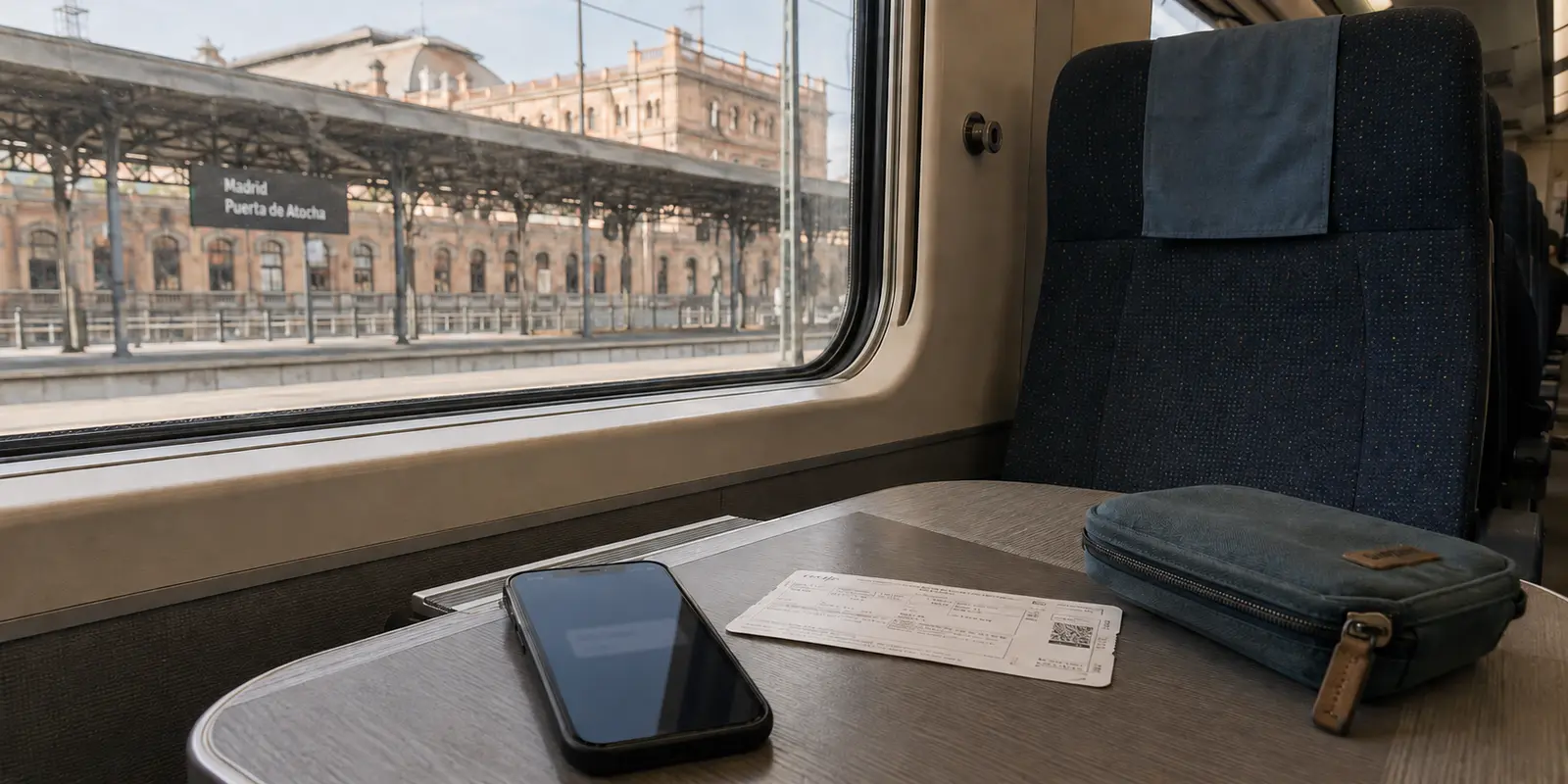 Celular sobre a mesa de um trem em Madri, antes da partida, com um aviso de acesso suavizado na tela