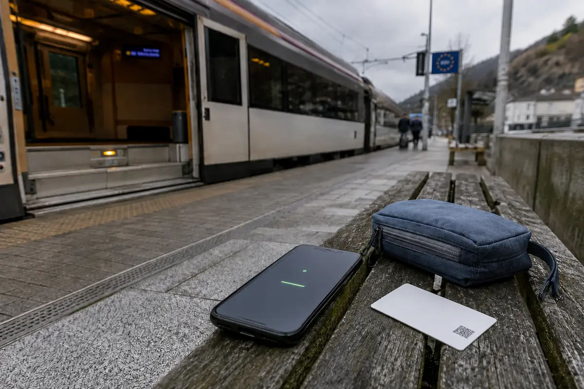 Celular e cartão de ativação eSIM em um banco de plataforma, ao lado de um trem aberto em uma conexão de fronteira